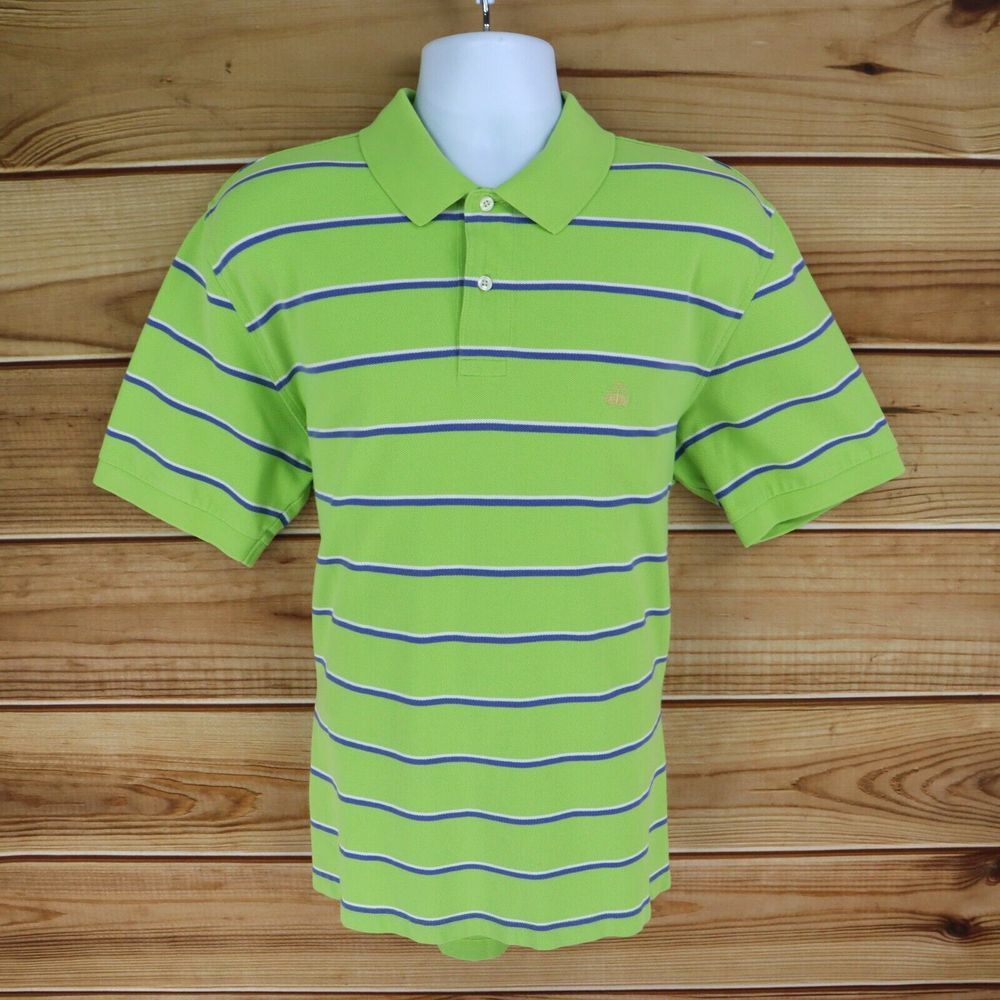 Brooks Brothers Polo Golf Shirt Mens Size L Green Blue White Stripe Short Sleeve